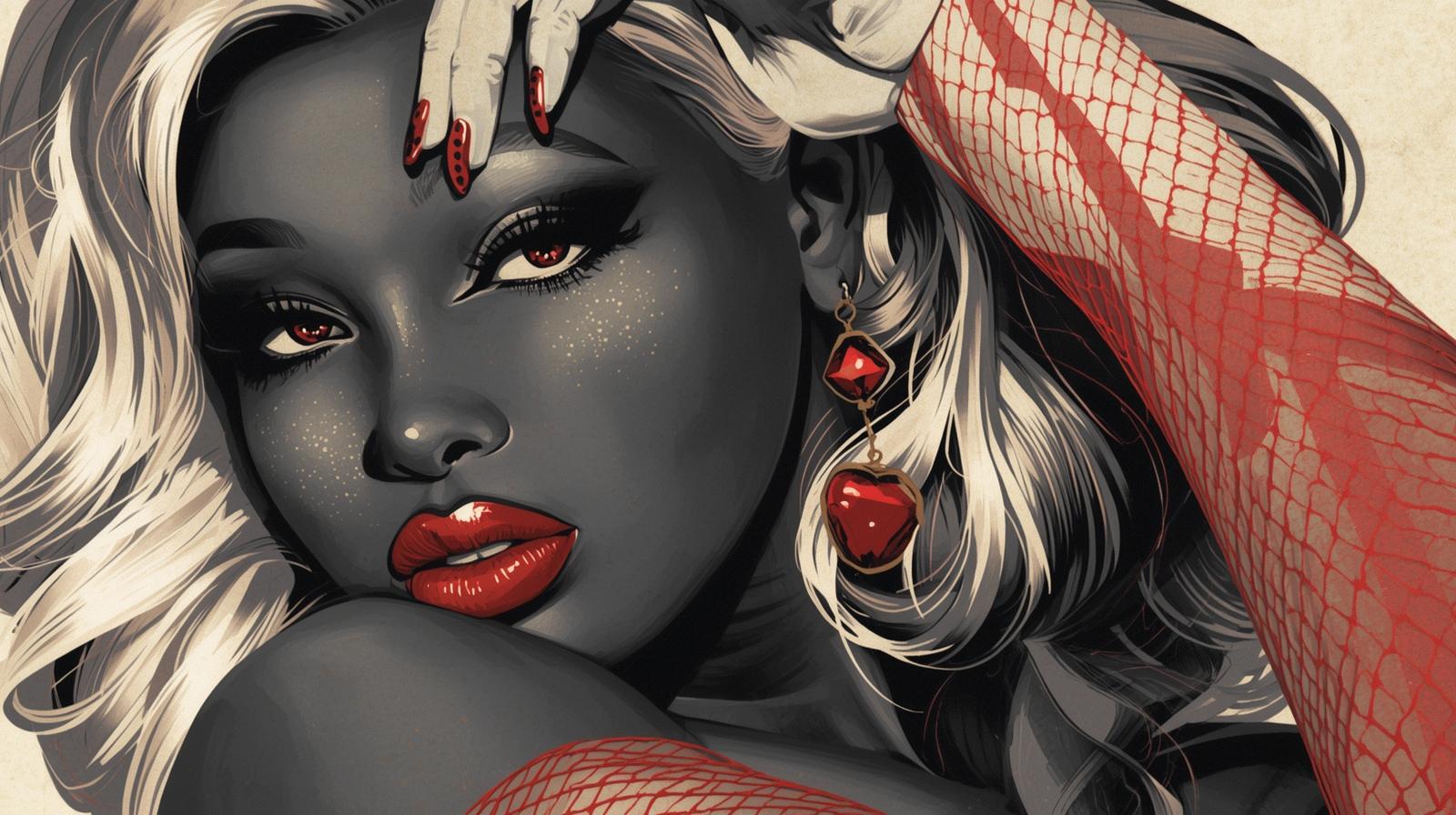 Pin-up style digital illustration, monochrome with red accent